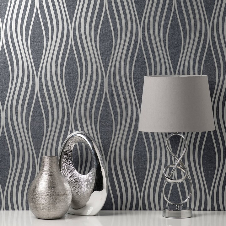 Fine Décor Wallpaper Quartz Wave Navy and Silver Wallpaper Navy and