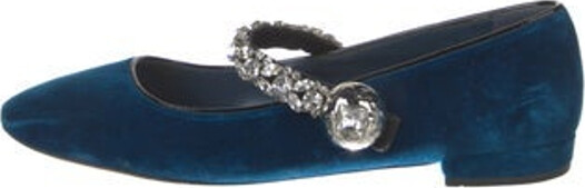 Miu Miu Velvet Mary Jane Flats Blue Faux Pearl Accents Semi-Pointed Toes with Crystal Embellishments Mary Jane Strap & Buckle Closure At Uppers