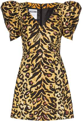 Moschino leopard print poof sleeve sequin mini dress
