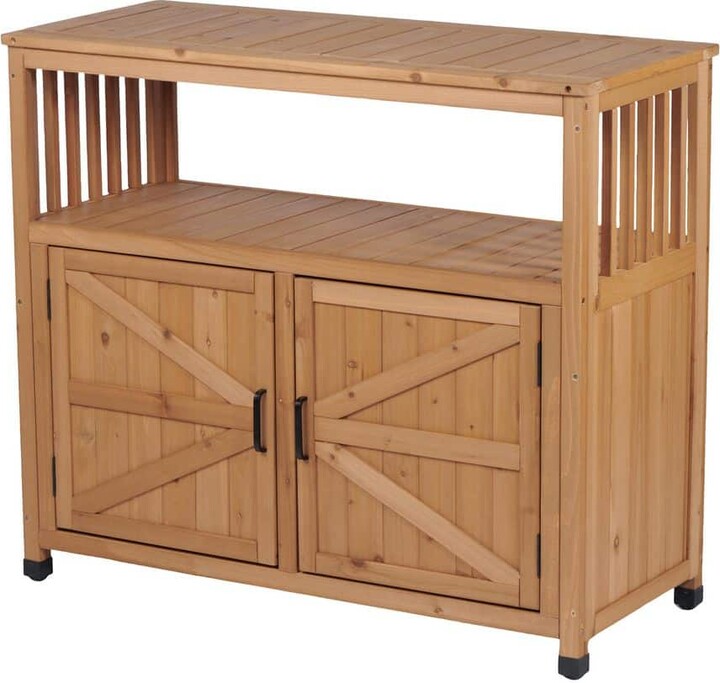 Otryad Rectangular Wood Outdoor Side Table, Patio Bar Table Buffet Sideboard with 2 Doors and Storage Shelf in Light Brown