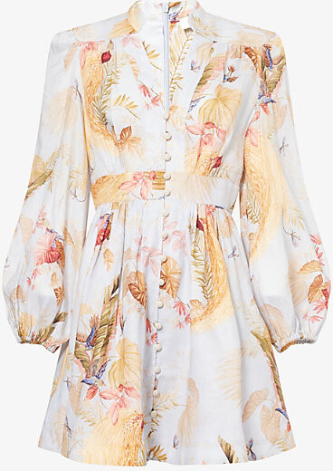 Womens Light Blue Palm Floral Ascension Plunge Linen Mini Dress S