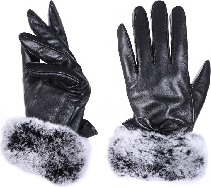 Touchscreen Rabbit Fur Cuff Party Gloves Winter Warm Gloves with Fleece Lining Womens PU Leather Gloves for Cold Weather 