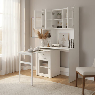 Latitude Run Multi-Functional Pantry Cabinet with Rotating Desk, Glass-Door Storage, Drawer & Open Shelves