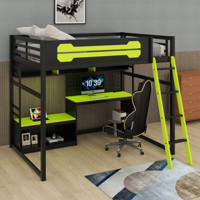 Full Size Wood Loft Bed With Desk, Shelves And LED Lights