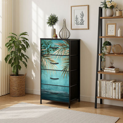 4 Drawer Vertical Storage Dresser Teal Frond Palm Leaves Tropical Plants Layered Foliage Natural Texture with Wood Top Fabric Pull Drawers