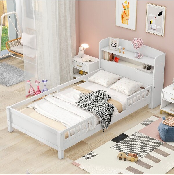 YIDA NATURAL TwinSizePlatformBedwithBuilt-InLEDLight,StorageHeadboard,andGuardrailforBedroomorApartment
