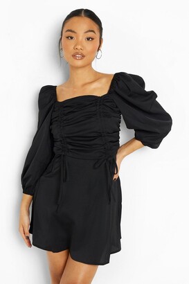 boohoo Petite Ruched Front Balloon Sleeve Dress