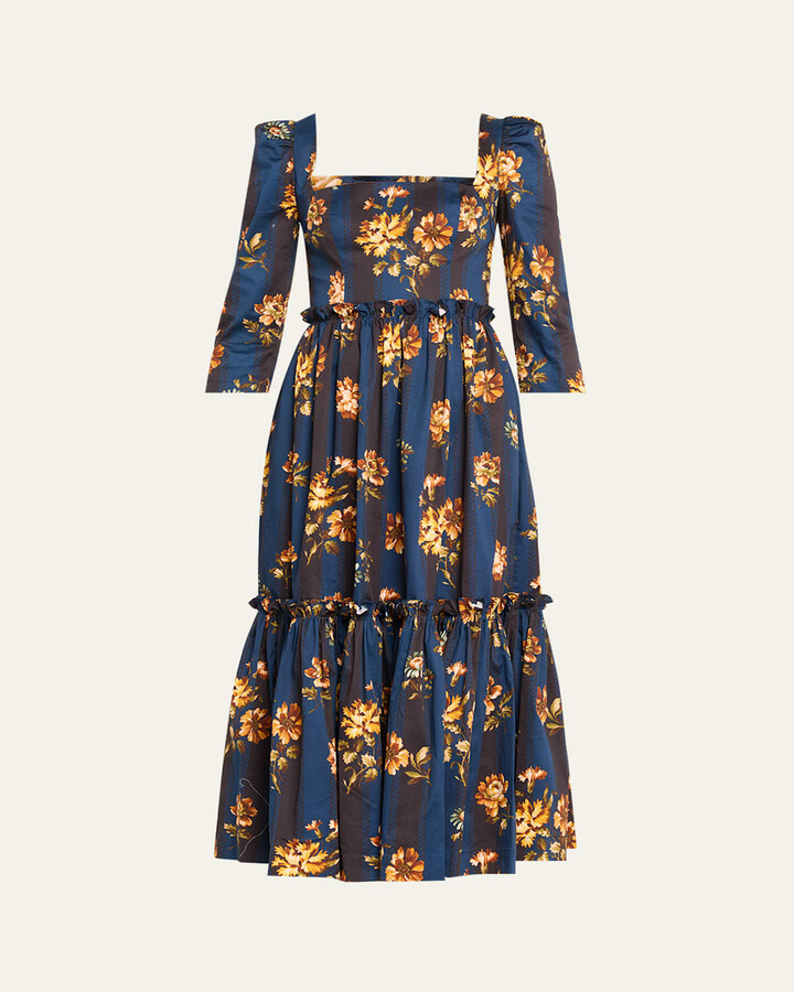 Cara Cara Blue Hill Printed Cotton Sateen Midi Dress