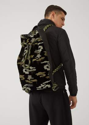 Emporio Armani Velvet And Grained Leather Backpack With Embroidered Camouflage Pattern