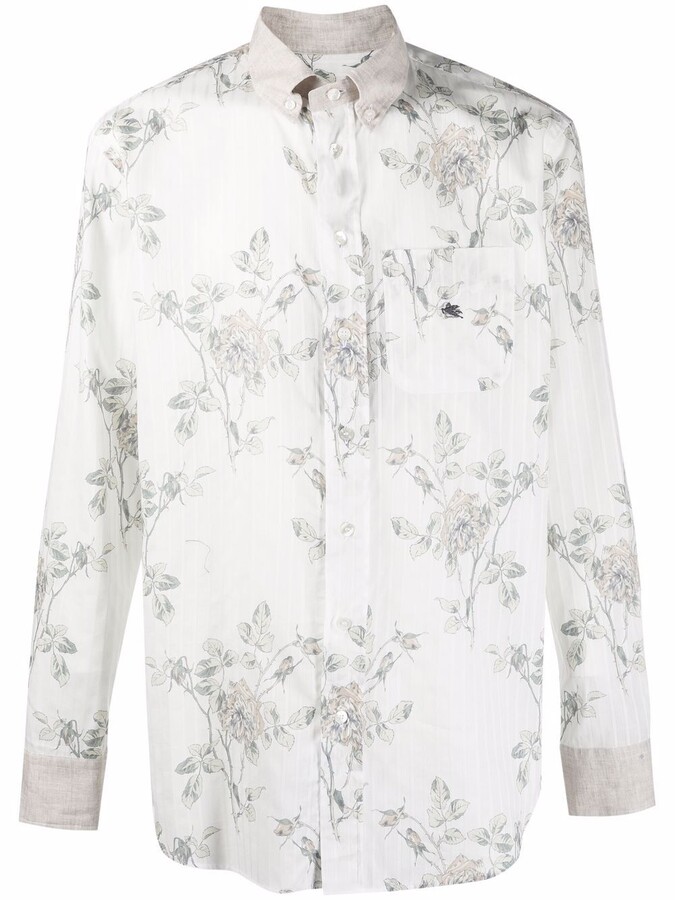 Details about   Men's Frateli Fls20004 White Cotton Shirt With Floral Print Contrast Details 