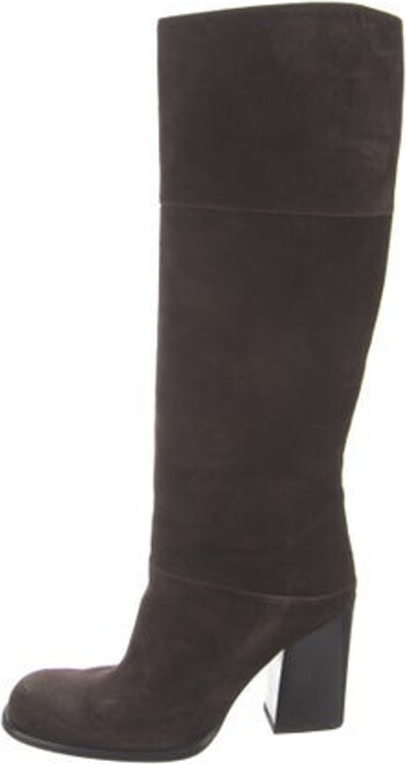 Miu Miu Suede Knee-High Boots Brown Round-Toes with Crystal Embellishments Exposed Zip Closure at Sides Designer