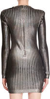Thumbnail for your product : Balmain Long-Sleeve Mock-Neck Lacquered Vertical-Stripe Mini Cocktail Dress