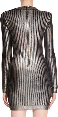 Balmain Long-Sleeve Mock-Neck Lacquered Vertical-Stripe Mini Cocktail Dress