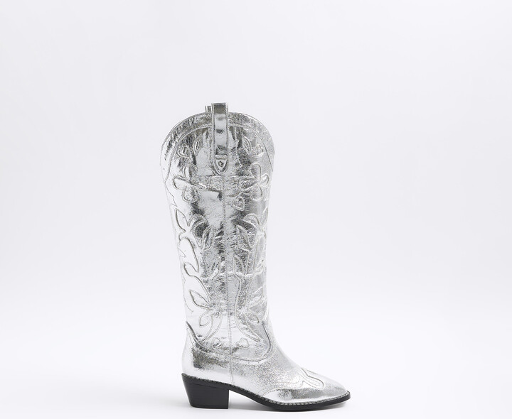 River Island Womens Silver Western Knee High Boots ShopStyle