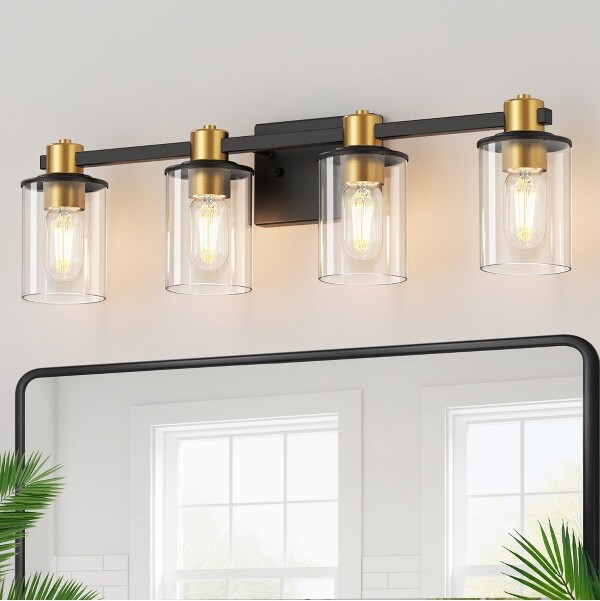 YANSUN26in.4-LightBlackandGoldBathroomVanityLightwithClearGlassShadesE26WallSconceFixture