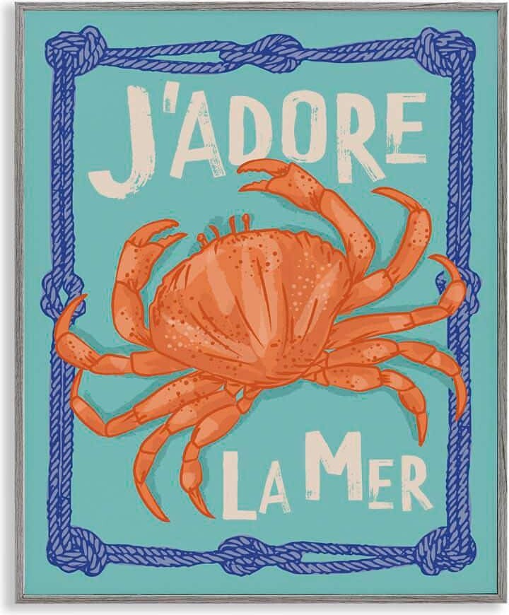 Stupell Industries J'adore La Mer Crab by Lisa Perry Whitebutton Gray Framed Animal Giclee Art Print 14 in. x 11 in.
