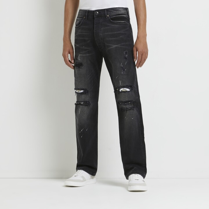 River Island Mens Black loose fit paint splatter ripped jeans ShopStyle