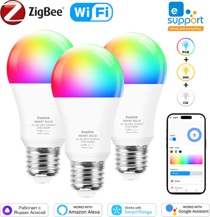 coolo Ewelink E26 E27 Zigbee LED Bulbs Wifi Smart LED Lamp RGB+CW+WW 15W 18W LED Light Bulb Works With Alexa Google Smartthings Yandex