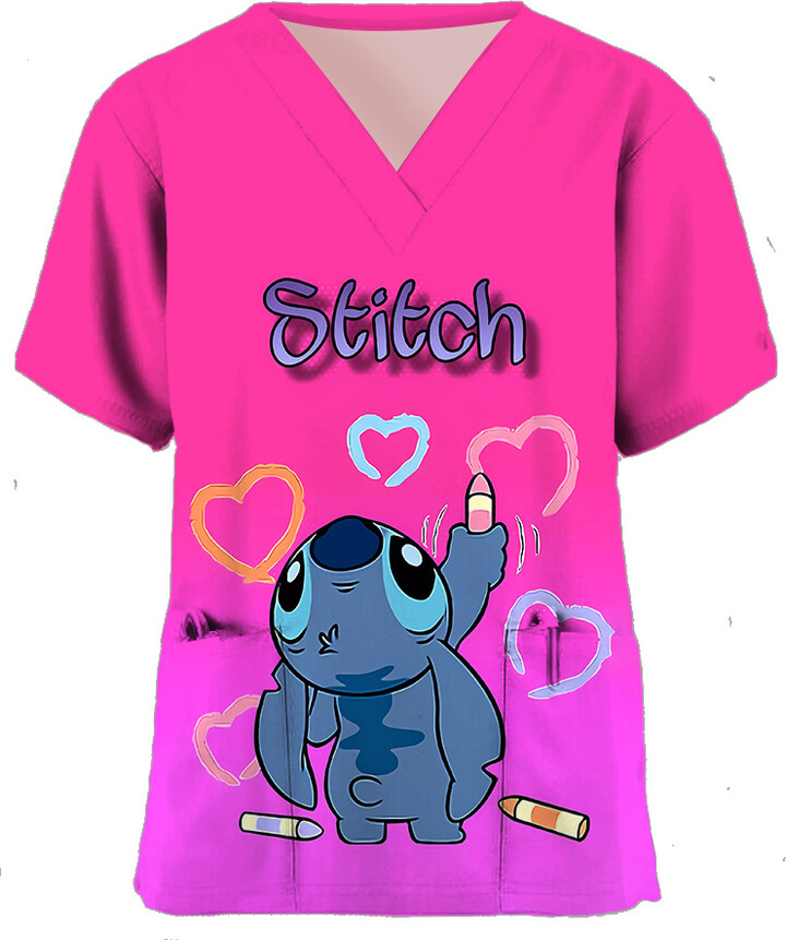 MINISO Women & apos;s Hospital Top V Neck Nurse Uniform T-shirt For Girls Disney Stitch T shirts Woman Pocket Clothes Lady Long Short Sleeve