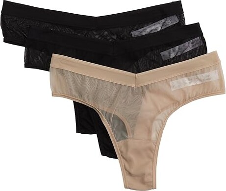 Hanky Panky Mesh High Cut Thong 3-Pack Women's Underwear Black/Black/Chai : XS, Cotton/Mesh/Nylon