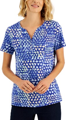 Karen Scott Women's Mod Dots Printed Knit Henley Top, Created for Macy's