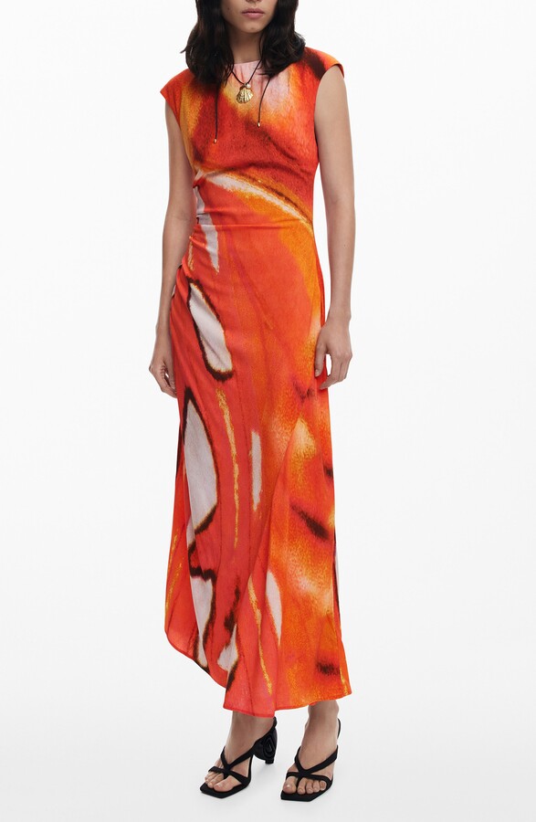 Desigual Cap Sleeve Ruched Maxi Dress