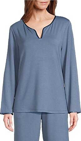 Solid French Terry Split Round Neck Long Sleeve Coordinating Sleep Top