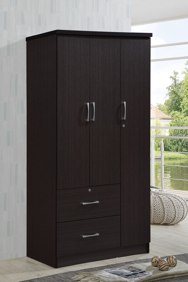 Hodedah 3 Door Bedroom Armoire with Drawers, Chocolate