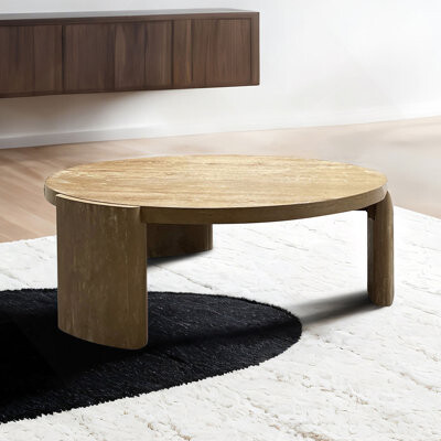 Latitude Run Modern Contemporary Round Coffee Table With Oak Finish And Unique Panel Base Perfect For Stylish Living Rooms