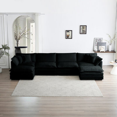 Orren Ellis Black Chenille Modular Sectional, U Shaped With Adjustable Armrest Height Upholstered Reversible Chaise And Massage Function