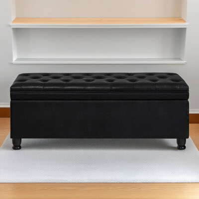 45" Light Blue Tufted Linen Storage Bench – Upholstered Button Ottoman with Spindle Wooden Legs for Bedroom & Living Room