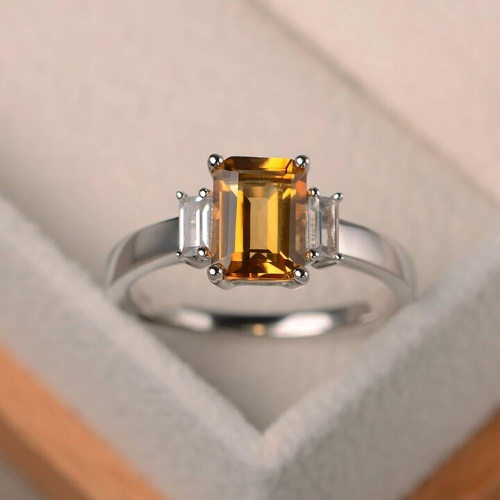 Etsy Engagement Ring Natural Citrine Emerald Cut Yellow Gemstone November Birthstone Sterling Silver Three Stones