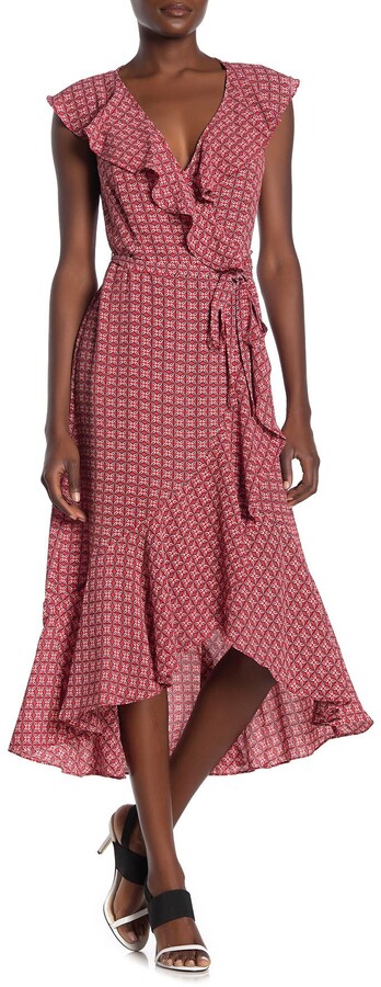 max studio patterned ruffle wrap midi dress
