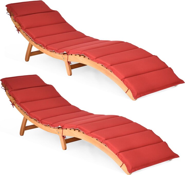 Gymax 2PCS Outdoor Folding Chaise Eucalyptus Lounge Chair w/ Double-sided Cushion