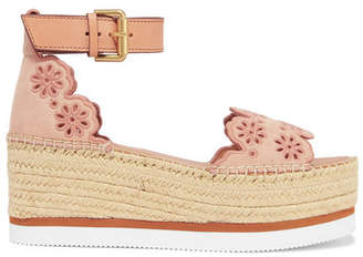 See by Chloe Embroidered Laser-cut Suede And Leather Espadrille Wedge Sandals