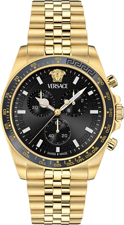 Versace Men's Swiss Chronograph Greca Chrono Wave Gold Ion Plated Bracelet Watch 43mm