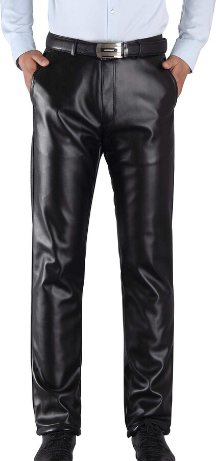 Panegy Men Straight Cut Biker Pants Trouser Waterproof Windproof Black Leather  Pants Winter Lined Pants - ShopStyle
