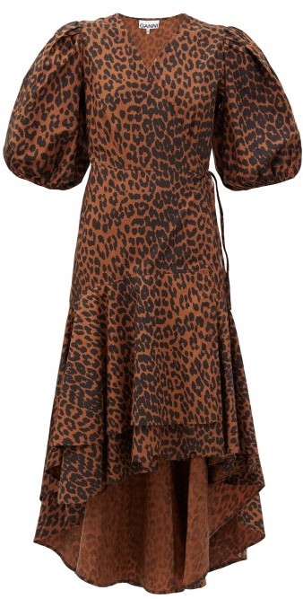 ganni printed cotton wrap dress