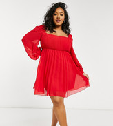 Thumbnail for your product : ASOS Curve ASOS DESIGN Curve square neck pleated mini skater dress in red