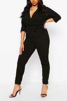 Thumbnail for your product : boohoo Plus Wrap Belted Tailored Jumpsuit