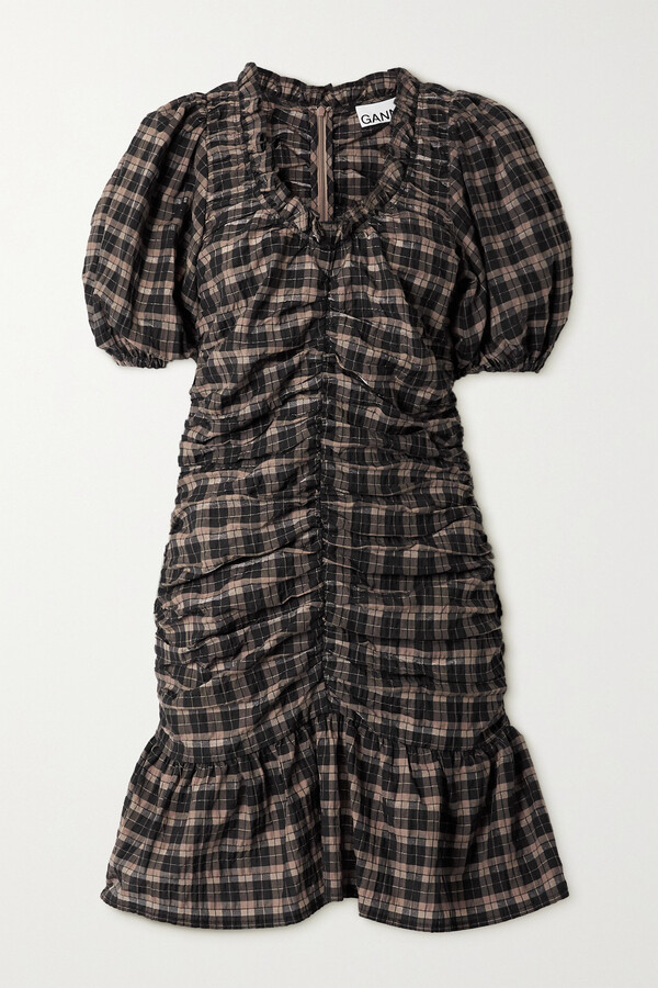 Ganni Ruffled Ruched Checked Organic Cotton-blend Seersucker Mini Dress -  Black - ShopStyle
