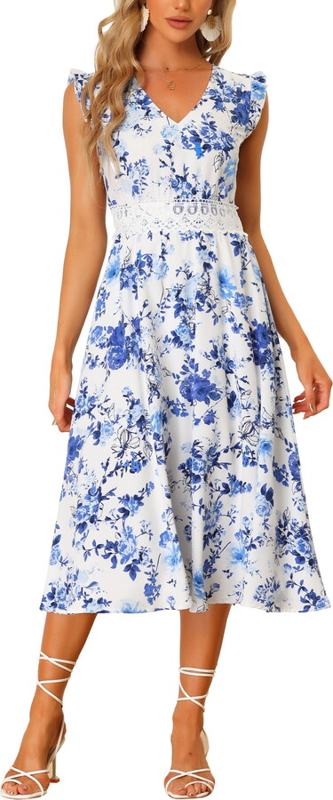 Unique Bargains Women’s Boho Chic V Neck Lace Insert Waist Midi Floral Sundress