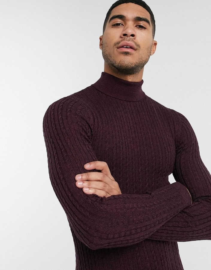 burgundy roll neck jumper mens