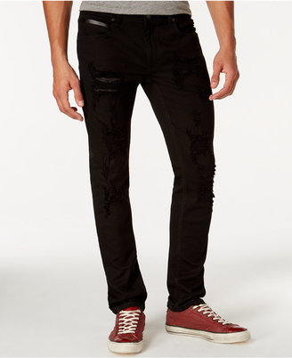 INC International Concepts Men's Slim Fit Ripped Black Wash Faux Leather Trim Jeans, Only at Macy's