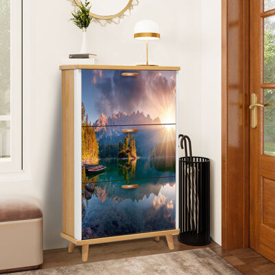 East Urban Home Shoe Storage Cabinet with 3 Flip Drawers for Misty summer morning Eibsee lake German Alps Shoe Rack Storage Organizer