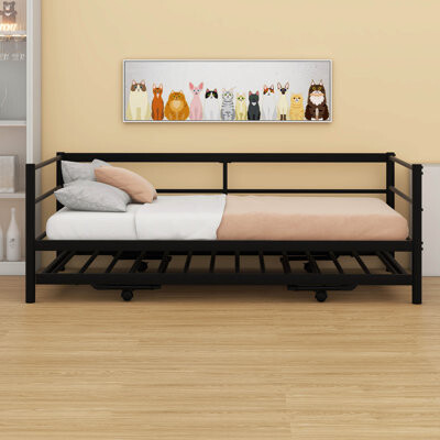 Latitude Run Twin Size Daybed With Adjustable Trundle Bed, Metal Daybed With Pop Up Trundle And Slats Support