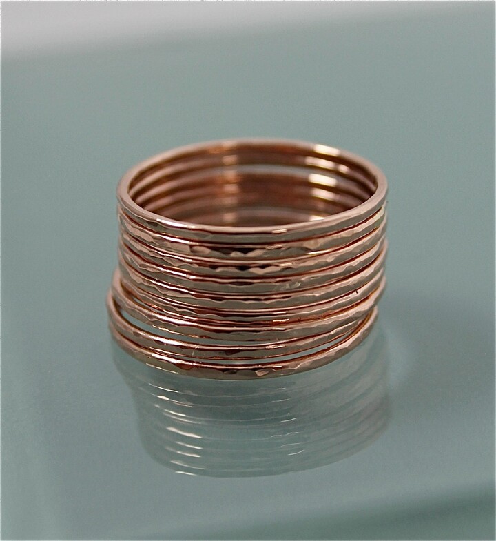 Etsy Set Of 9 Solid 14K Rose Gold Thin Hammered Stacking Band Ring Faceted Shiny Finish Eco Friendly Recycled