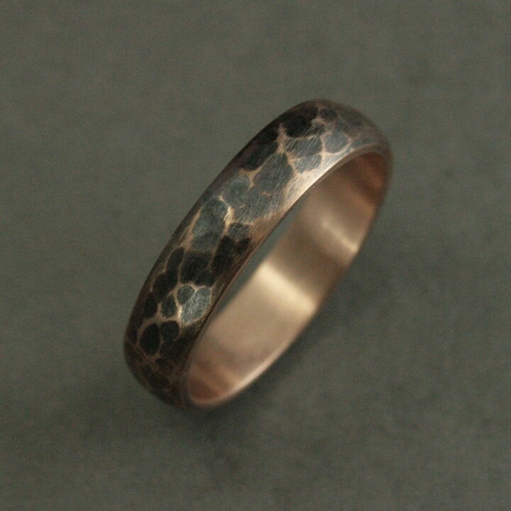 Etsy 14K Rose Gold Men's Hammered Wedding Band Heat Patina Antiqued Ring Oxidized Rustic For Men Handmade