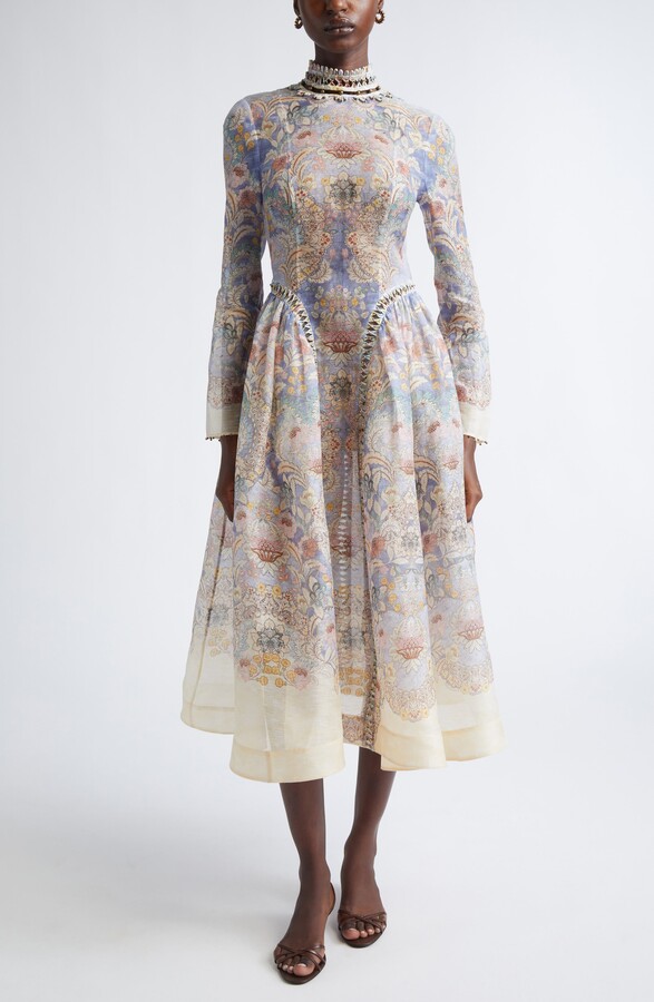 Zimmermann Rebellion Long Sleeve Beaded Linen & Silk Midi Dress