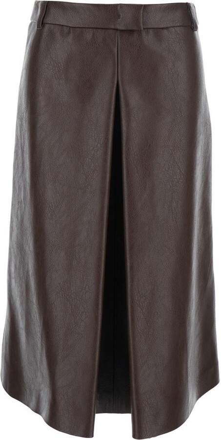 MSGM Brown Midi Skirt With Belt Loops And Front Single Slit In Ecoleather Woman